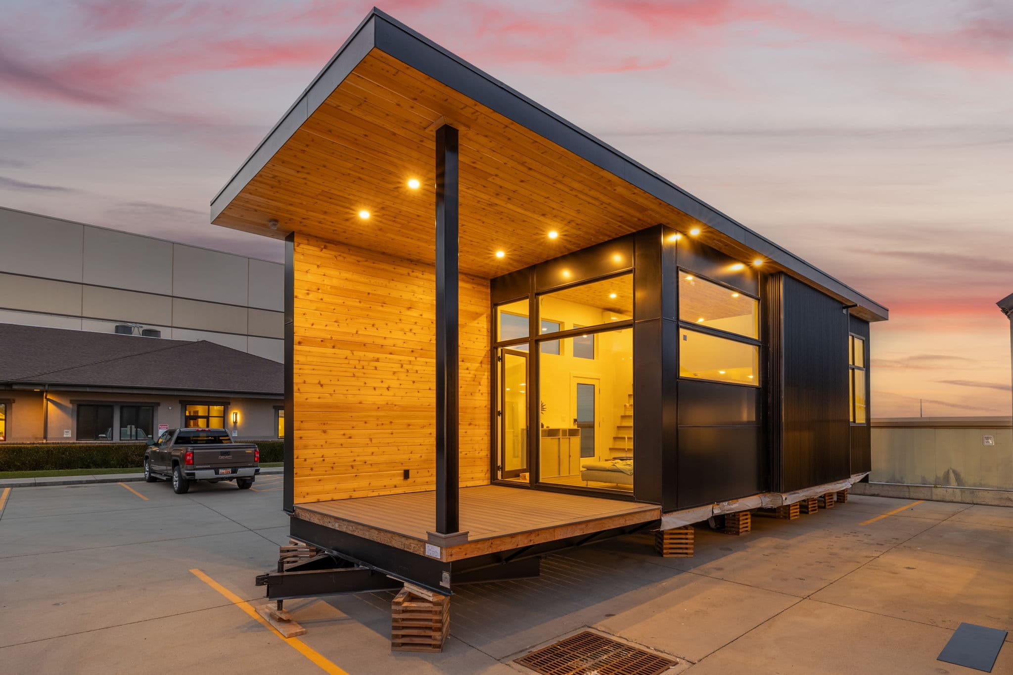 Skyview 400 exterior at sunset with cedar and black cladding
